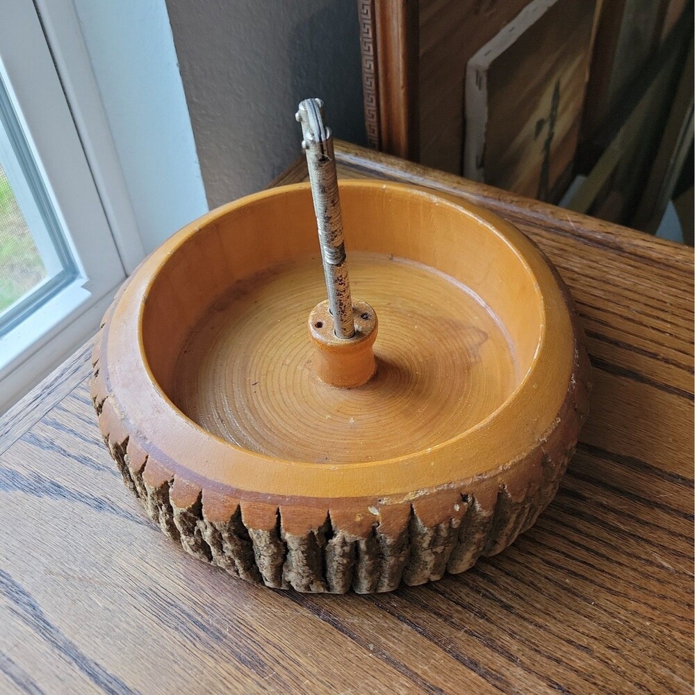 Vtg MCM Nut Bowl Rustic Edge Tree Bark Set with 1 Nutcracker 9" round Primative